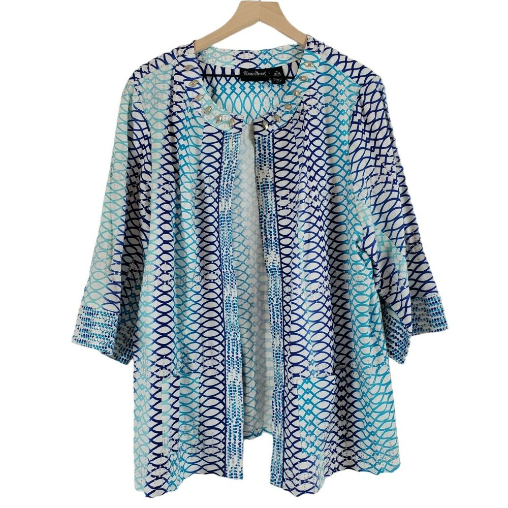 Maggie Barnes Blue Lagenlook 1X Linen Blend Swing Lightweight Open Front Jacket